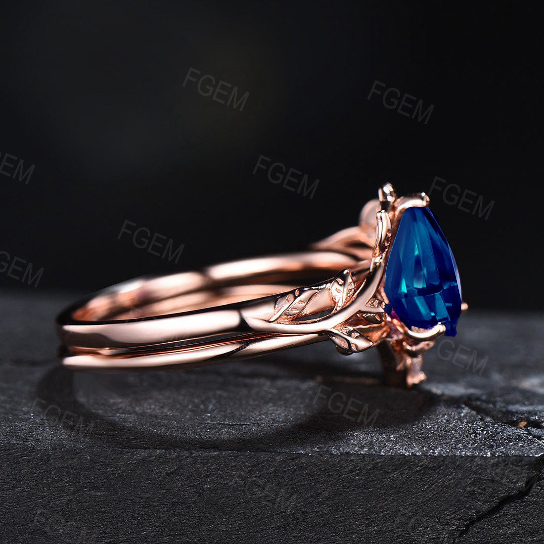 Rose Gold 1.25ct Blue Sapphire Leaf Engagement Ring Vintage Pear Shaped Sapphire Bridal Set September Birthstone Blue Gemstone Jewelry Gifts