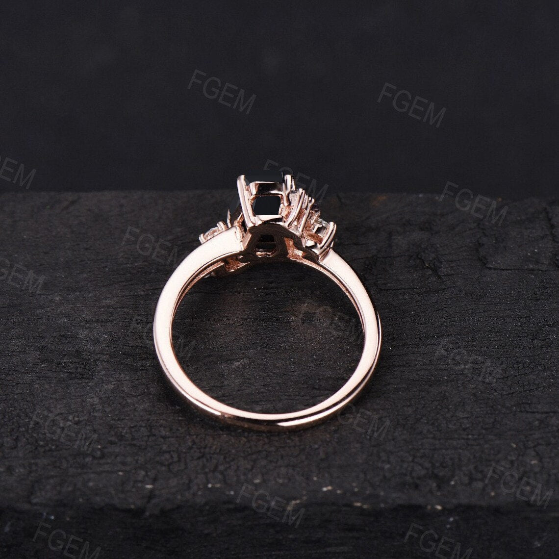 Gothic Engagement Ring Women Coffin Shaped Natural Black Onyx Wedding Ring Black Stone Jewelry Vintage Cluster Hexagon Ring Anniversary Gift