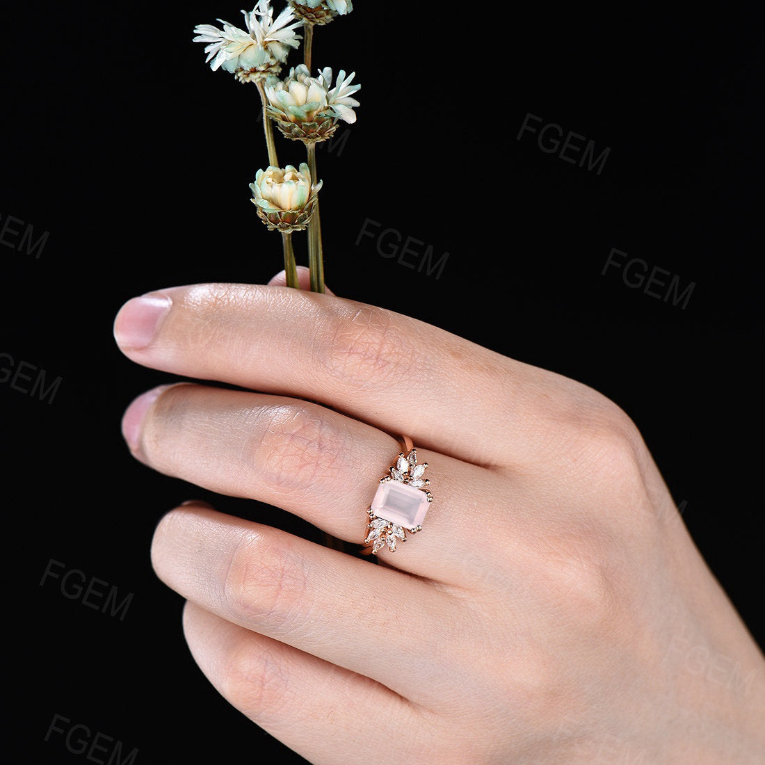 Emerald Cut Natural Rose Quartz Ring Sterling Silver Cluster Engagement Ring Pink Crystal Ring Wedding/Anniversary/Birthday Gift for Couple