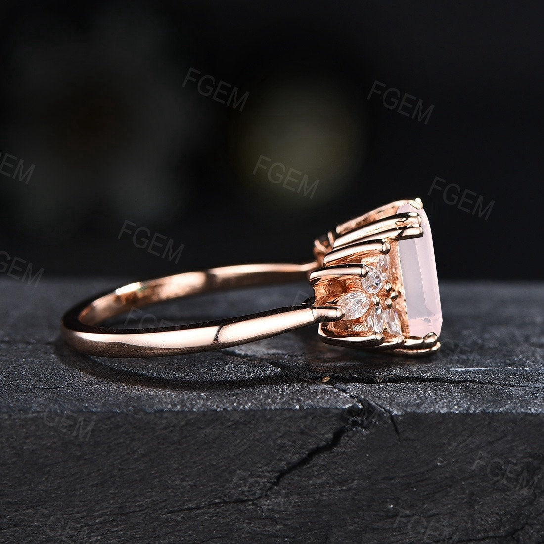 Emerald Cut Natural Rose Quartz Ring Sterling Silver Cluster Engagement Ring Pink Crystal Ring Wedding/Anniversary/Birthday Gift for Couple