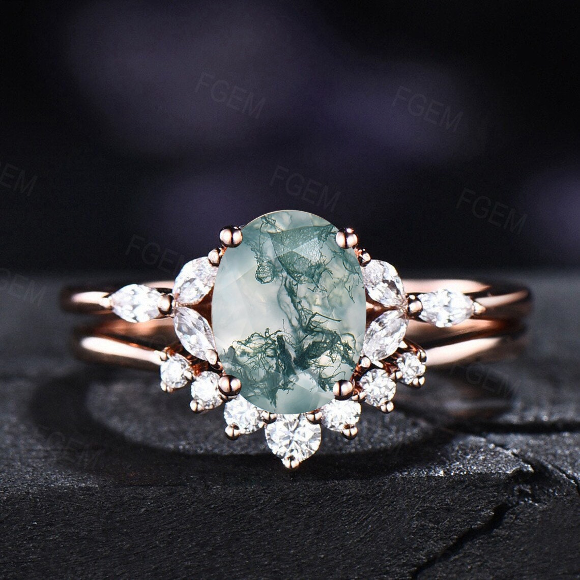 Natural India Moss Agate Ring Engagement Set Sterling Silver Green Gemstone Ring CZ Diamond Wedding Band Anniversary Birthday Gift For Her