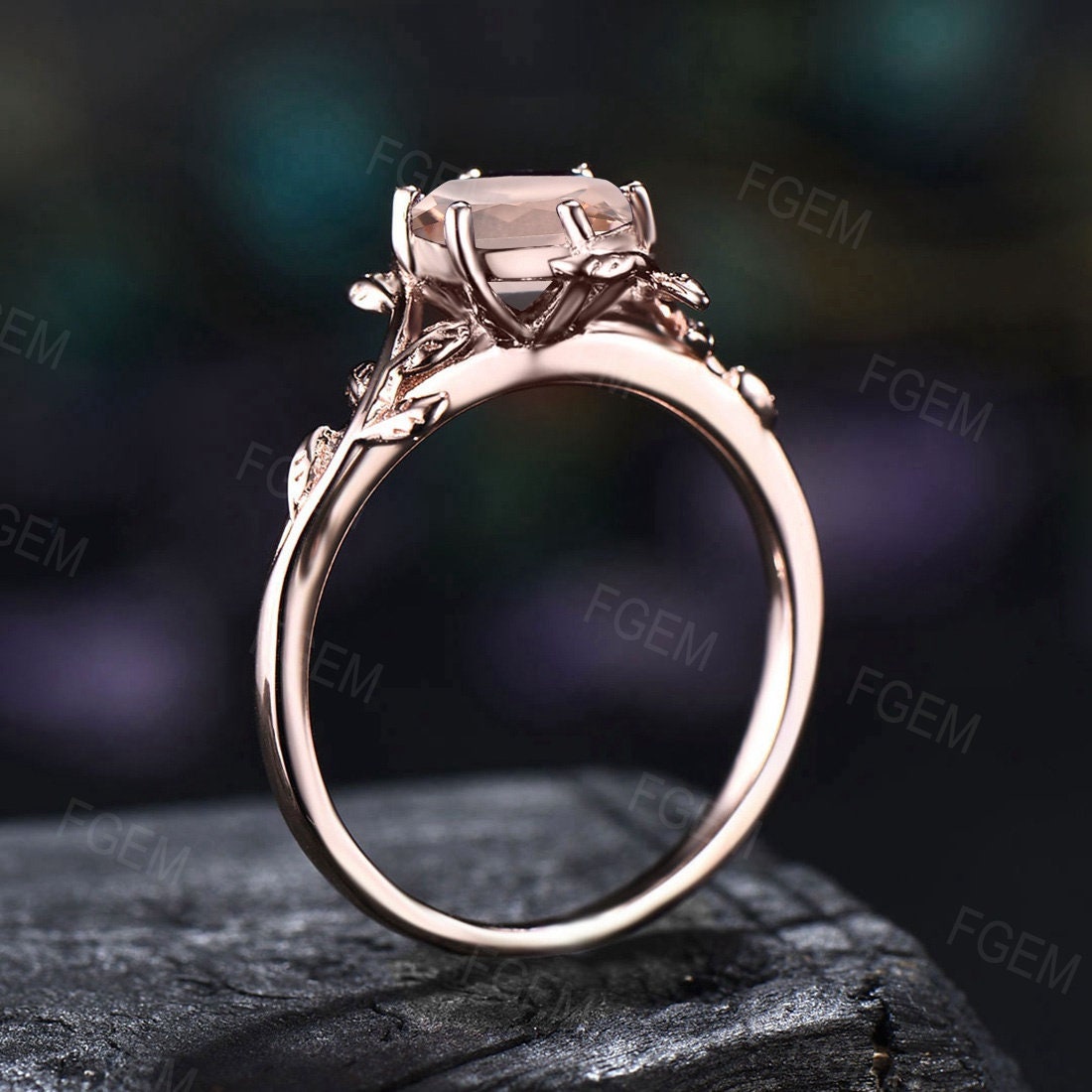Hexagon Cut Natural Peach Morganite Engagement Ring Pink Morganite Gemstone Jewelry Gift Leaf Ring Unique Rose Gold Solitaire Ring for Women