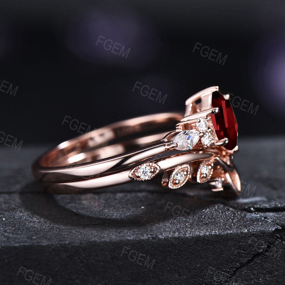 Sterling Silver Hexagon Cut Natural Garnet Engagement Ring Red Gemstone Ring Set January Birthstone Jewelry Gift for Her Celtic Wedding Band