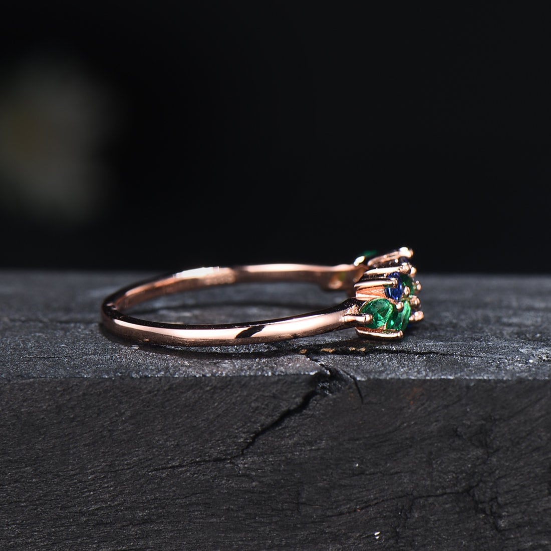 Vintage Blue Sapphire Emerald Cluster Wedding Ring Marquise Cut Green Emerald Half Eternity Ring Matching Stacking Band Minimalist Jewelry