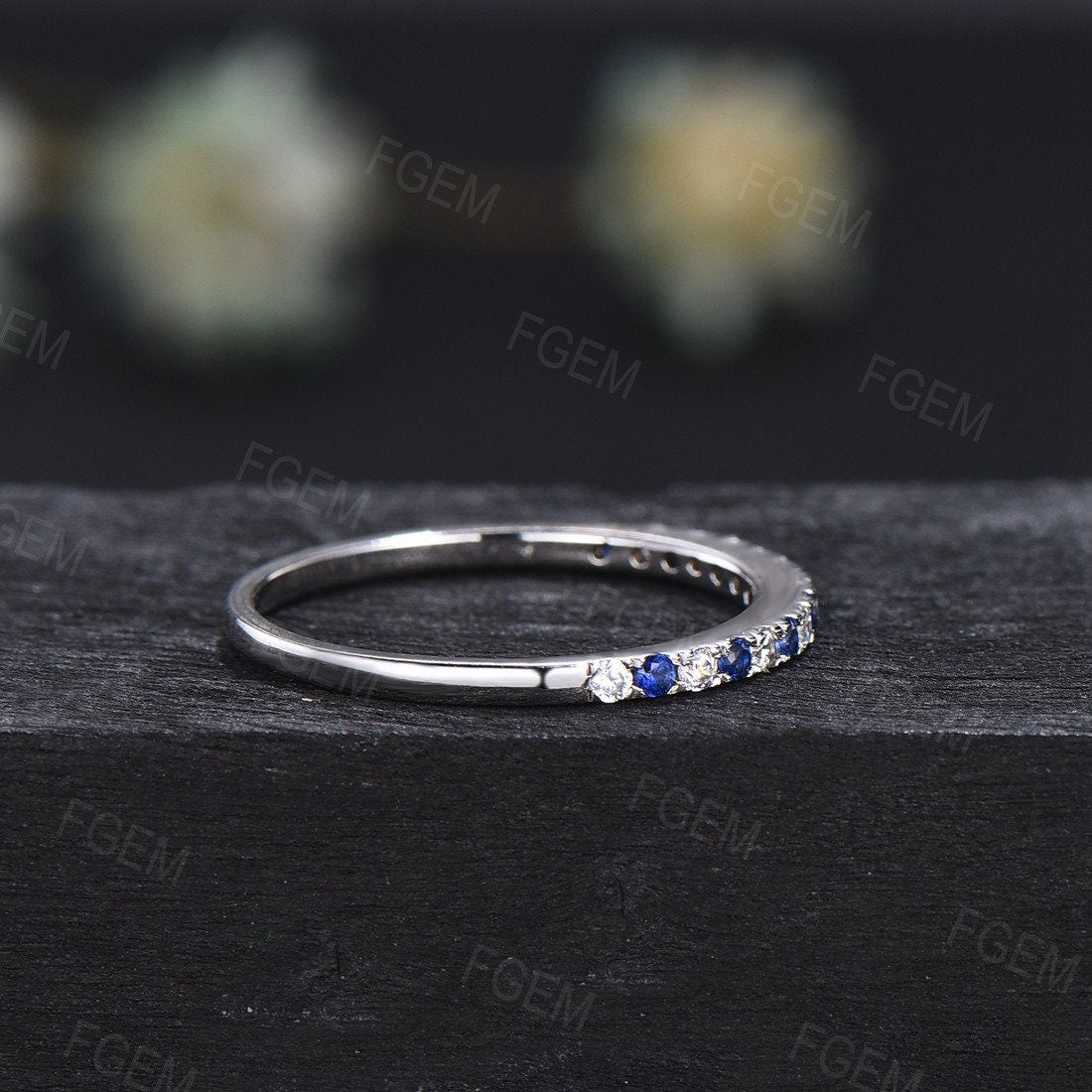 Natural Blue Sapphire Half Eternity Wedding Band Dainty Stackable Rings September Birthstone Gift Simple Minimalist Jewelry Anniversary Ring
