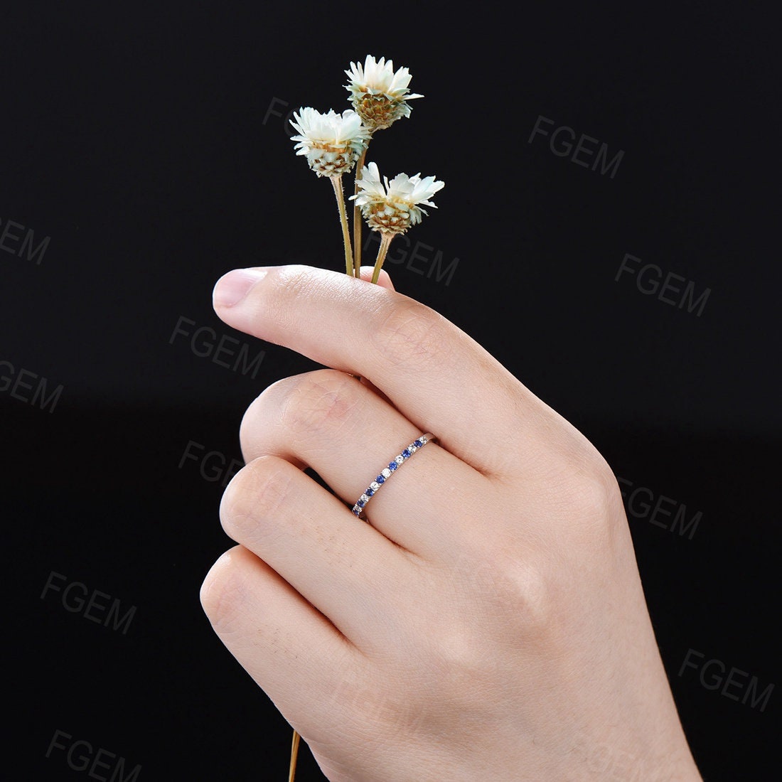 Natural Blue Sapphire Half Eternity Wedding Band Dainty Stackable Rings September Birthstone Gift Simple Minimalist Jewelry Anniversary Ring