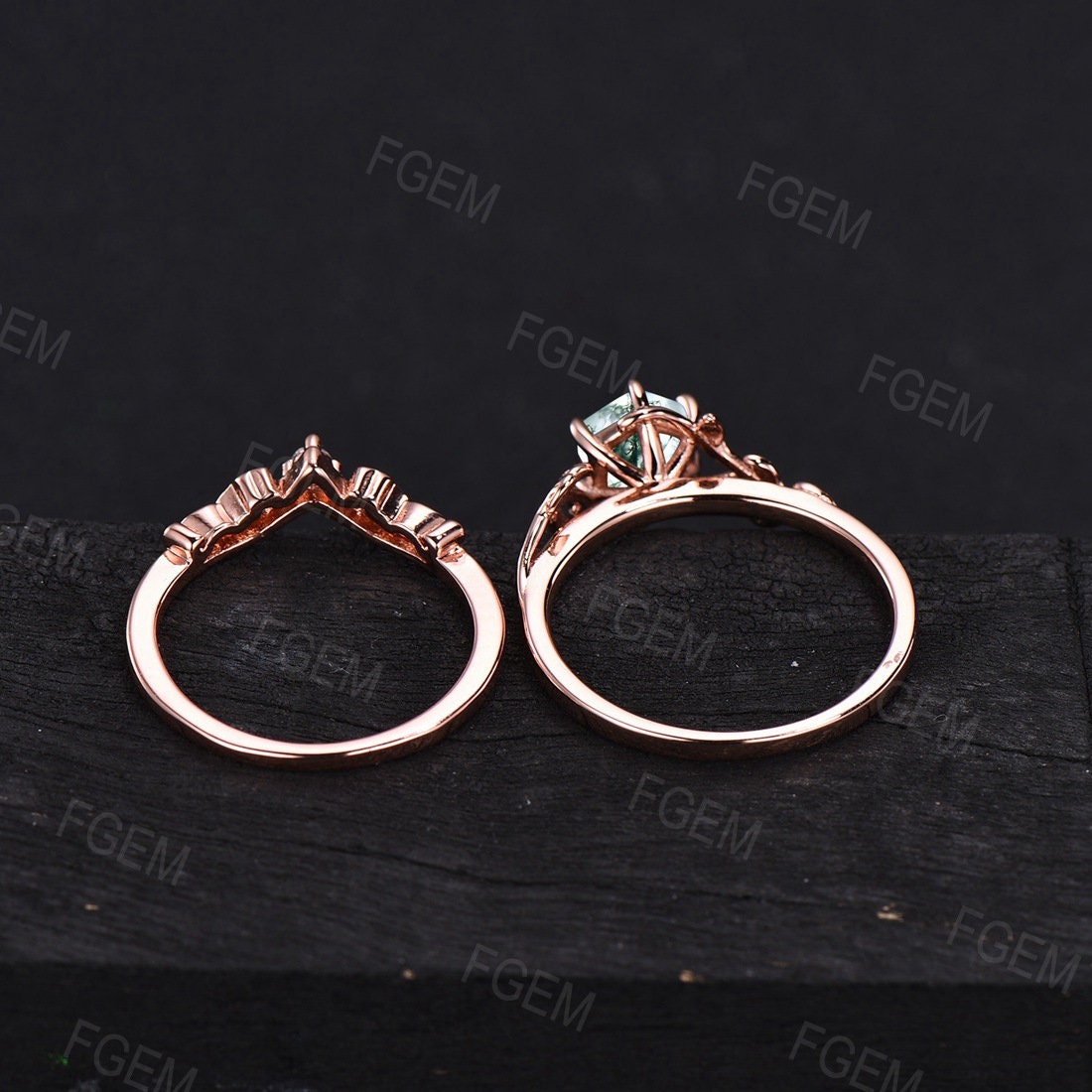 1ct Hexagon Natural Moss Agate Nature Inspired Wedding Ring Set Rose Gold Vintage Branch Leaf Emerald Opal Bridal Set Unique Promise Gifts