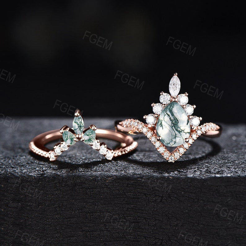 Natural Moss Agate Ring Set Vintage Pear Shaped Engagement Ring Set Marquise Moissanite Moss Wedding Bridal Promise Ring Anniversary Gifts