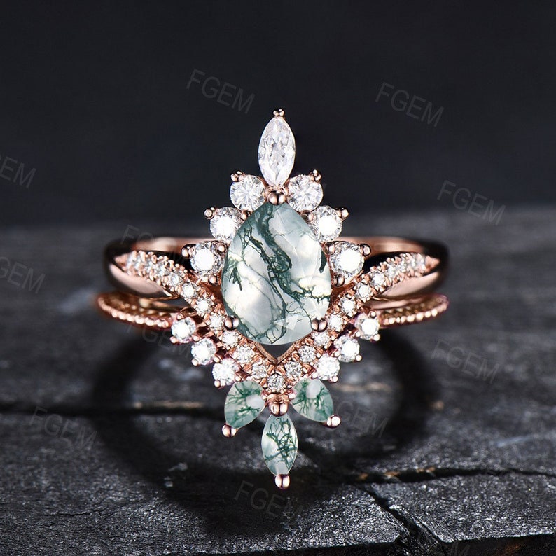 Natural Moss Agate Ring Set Vintage Pear Shaped Engagement Ring Set Marquise Moissanite Moss Wedding Bridal Promise Ring Anniversary Gifts