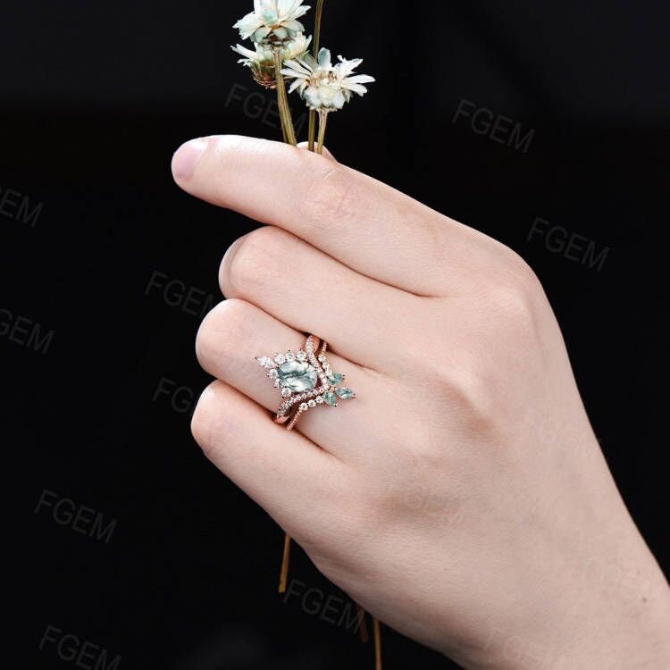 Natural Moss Agate Ring Set Vintage Pear Shaped Engagement Ring Set Marquise Moissanite Moss Wedding Bridal Promise Ring Anniversary Gifts