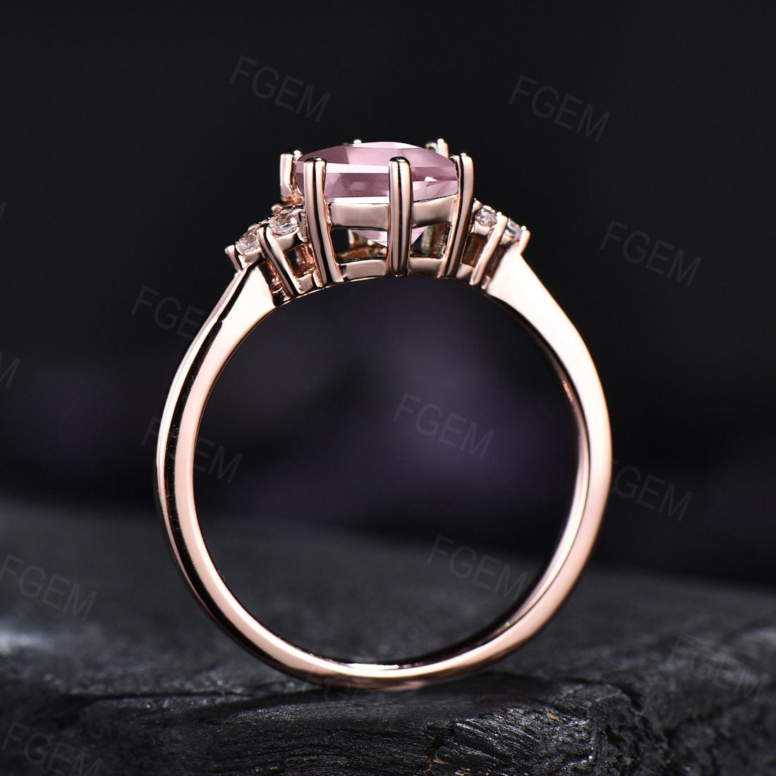 Natural Rose Quartz Ring Sterling Silver Hexagon Cluster Engagement Ring Pink Crystal Ring Love Gift for Her Rose Gold Quartz Gemstone Ring