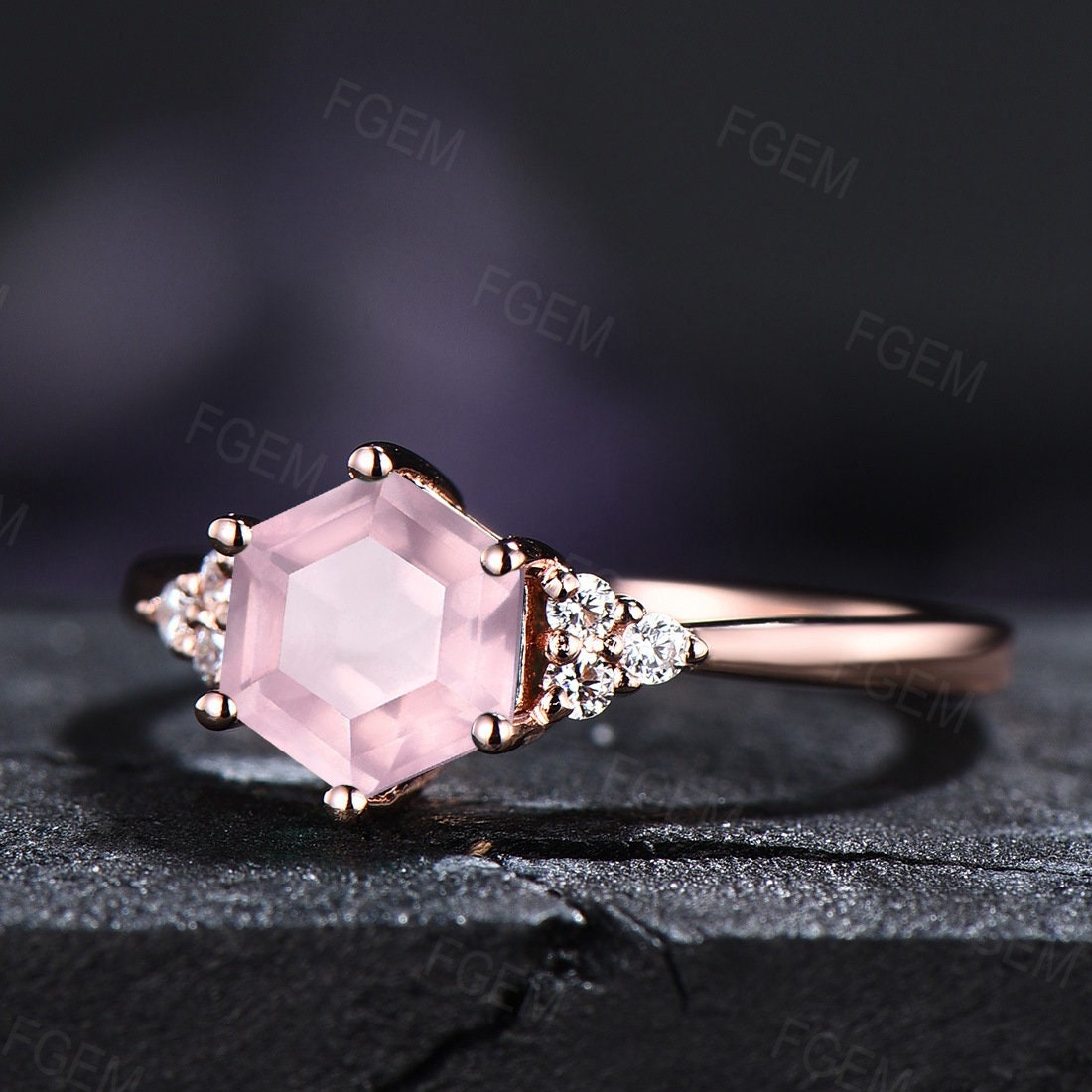 Natural Rose Quartz Ring Sterling Silver Hexagon Cluster Engagement Ring Pink Crystal Ring Love Gift for Her Rose Gold Quartz Gemstone Ring