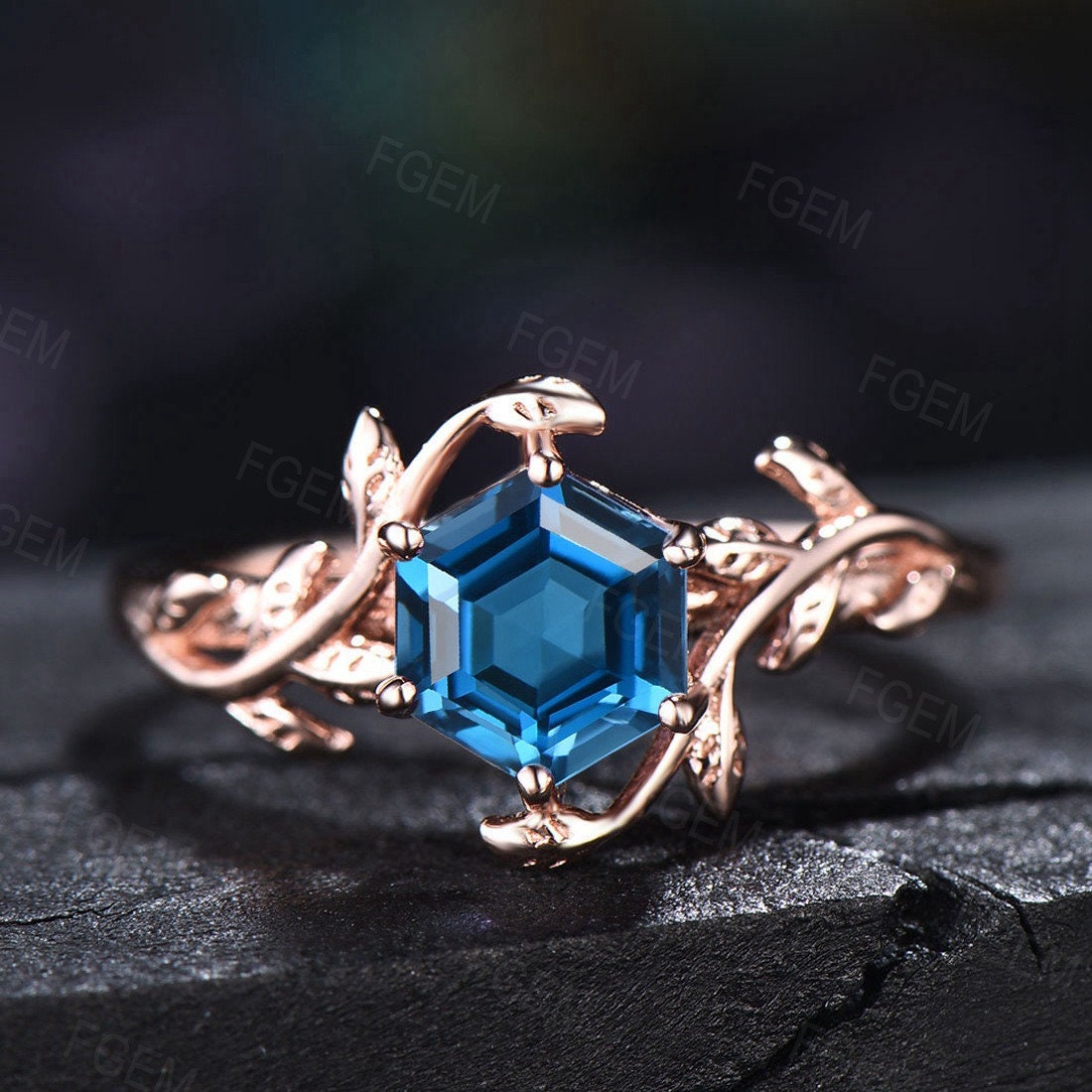 Hexagon Cut Natural London Blue Topaz Engagement Rings Sterling Silver Leaf Branch Blue Gemstone Ring for Women Nature Inspired Jewelry Gift