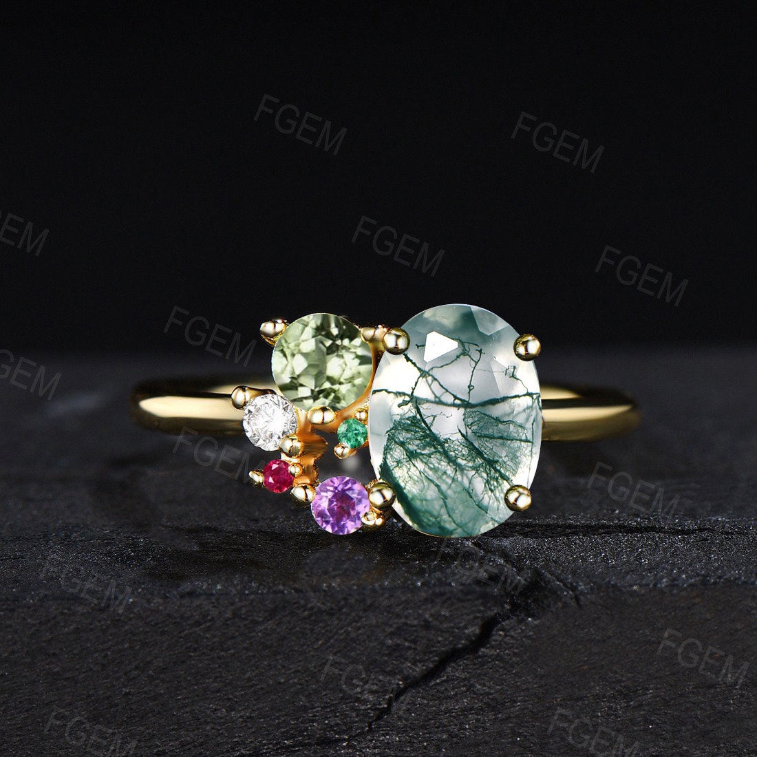 1.5ct Oval Cut Cluster Natural Green Moss Agate Engagement Rings Unique Multi Stone Cluster Birthstone Wedding Ring Personalized Family Ring