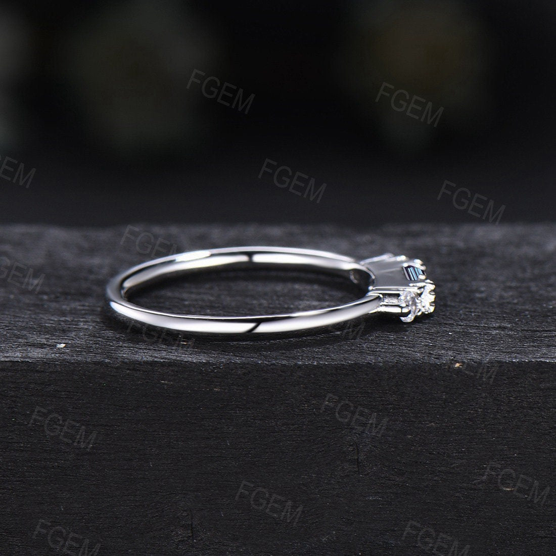 Sterling Silver Baguette Cut Color-Change Alexandrite Ring Minimalist Wedding Band June Birthstone Birthday Gifts for Women Dainty Jewelry