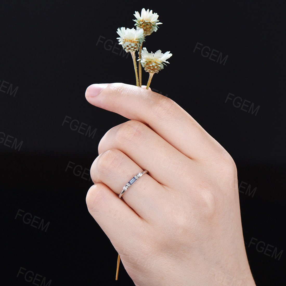 Sterling Silver Baguette Cut Color-Change Alexandrite Ring Minimalist Wedding Band June Birthstone Birthday Gifts for Women Dainty Jewelry