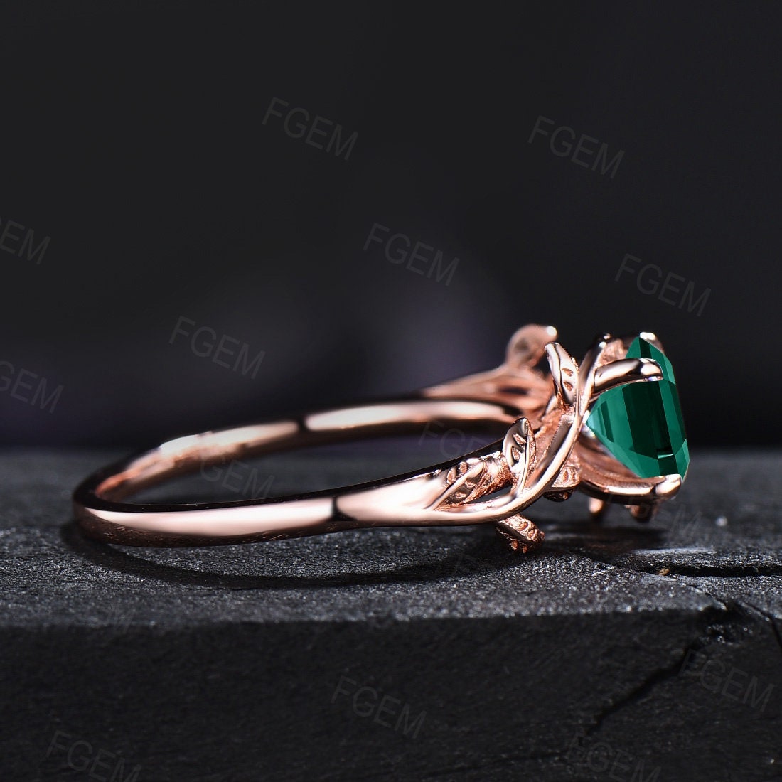 Sterling Silver Leaf Engagement Ring Vintage Round Cut Green Emerald Solitaire Wedding Ring May Birthstone Handmade Birthday Gift for Her