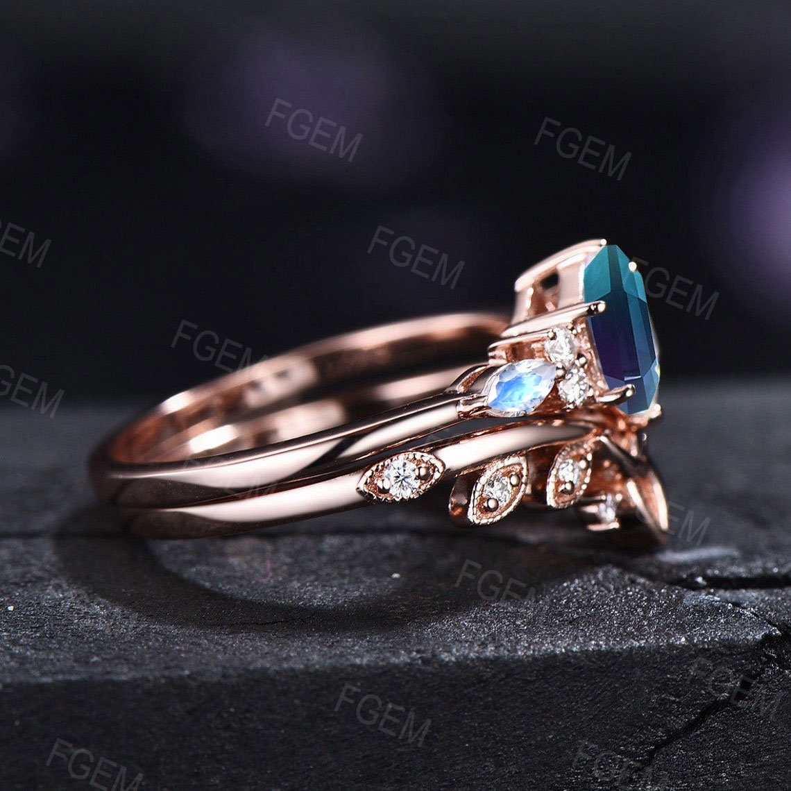 Alexandrite Engagement Ring Set Unique Hexagon Ring Vintage Alexandrite Ring Celtic Wedding Band Moonstone Bridal Set Woman Anniversary Gift