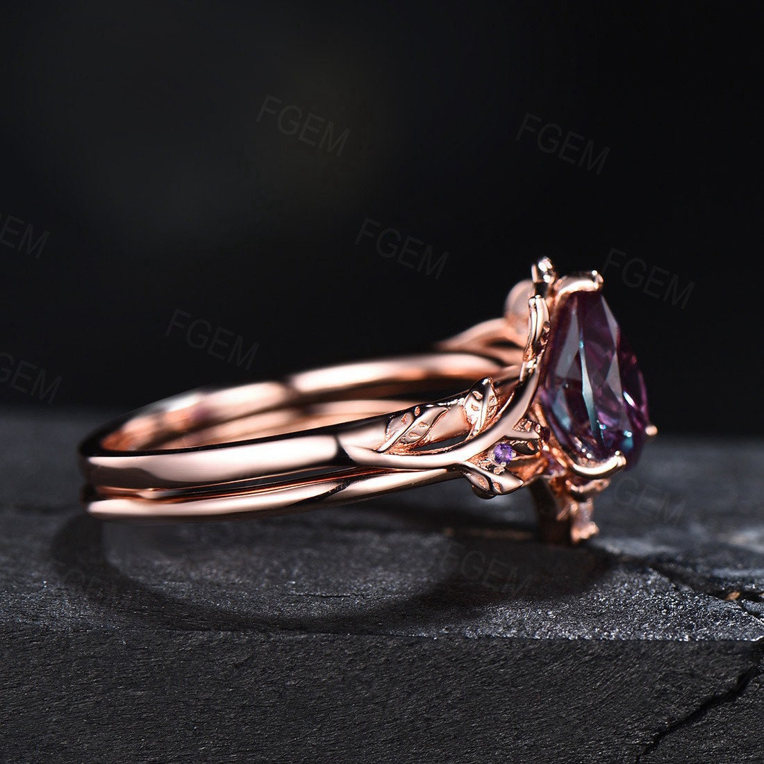 Pear Shaped Alexandrite Bridal Set Nature Inspired Owl Design Alexandrite Engagement Ring Branch Vine Ring Set Unique Amethyst Wedding Rings