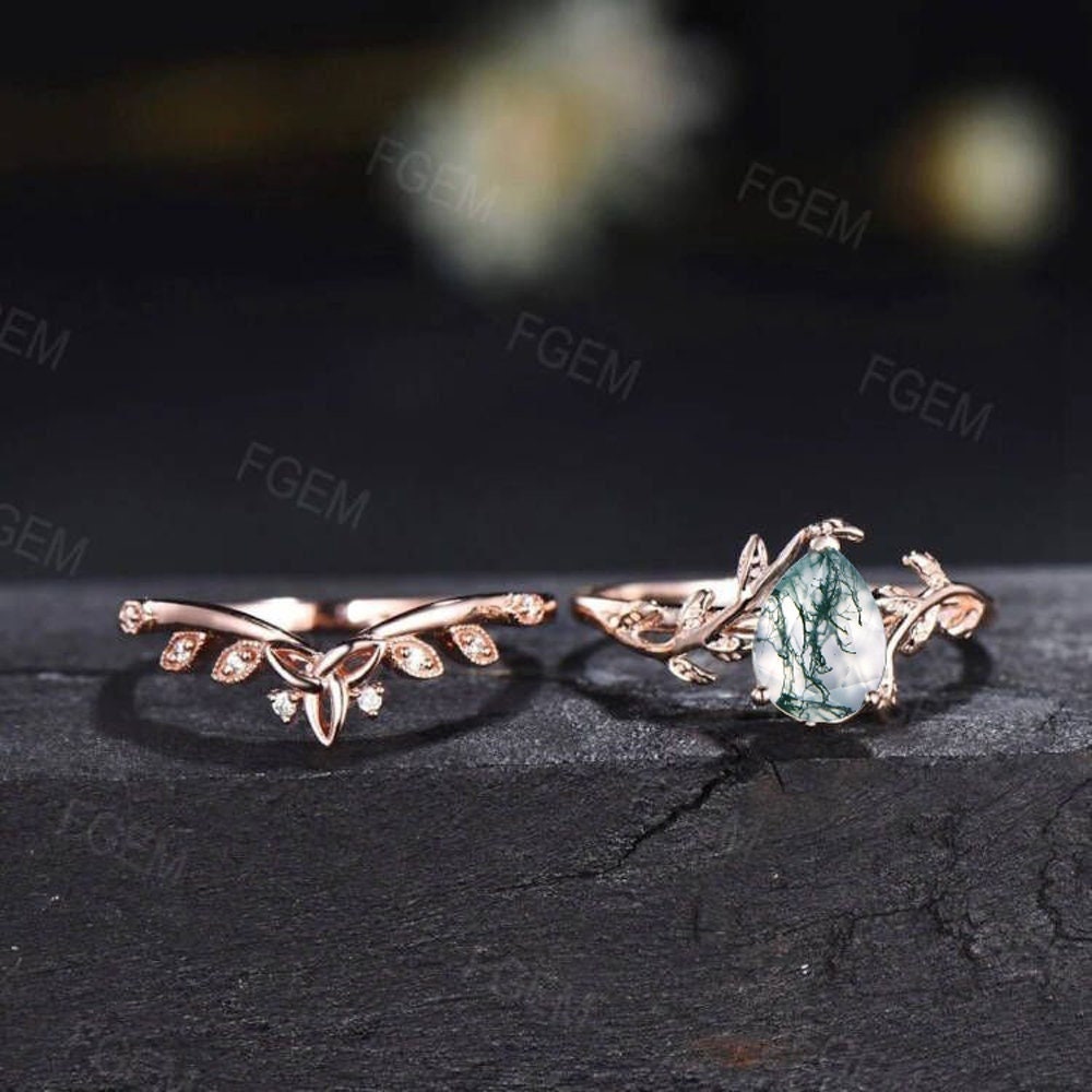 Pear Shape Natural Moss Agate Bridal Set Leaf Engagement Ring Rose Gold Vintage Unique Solitaire Rings Leaves Wedding Band Anniversary Gift