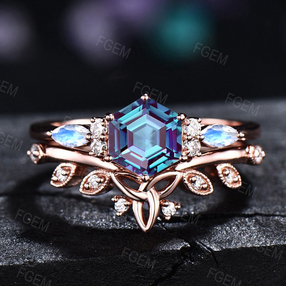 Alexandrite Engagement Ring Set Unique Hexagon Ring Vintage Alexandrite Ring Celtic Wedding Band Moonstone Bridal Set Woman Anniversary Gift