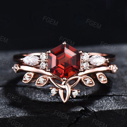 Sterling Silver Hexagon Cut Natural Garnet Engagement Ring Red Gemstone Ring Set January Birthstone Jewelry Gift for Her Celtic Wedding Band