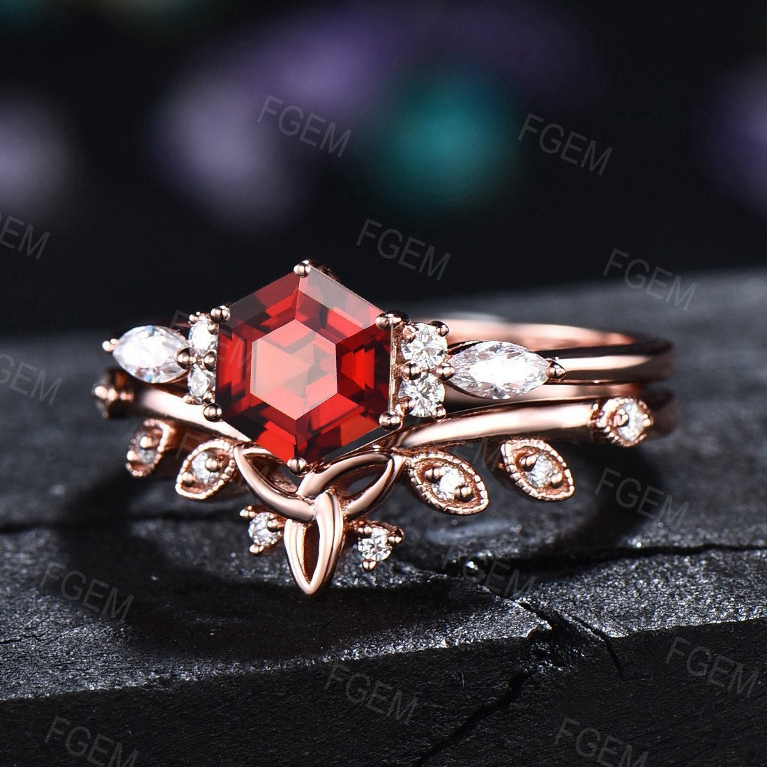 Sterling Silver Hexagon Cut Natural Garnet Engagement Ring Red Gemstone Ring Set January Birthstone Jewelry Gift for Her Celtic Wedding Band