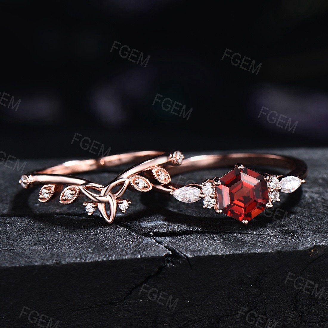Sterling Silver Hexagon Cut Natural Garnet Engagement Ring Red Gemstone Ring Set January Birthstone Jewelry Gift for Her Celtic Wedding Band