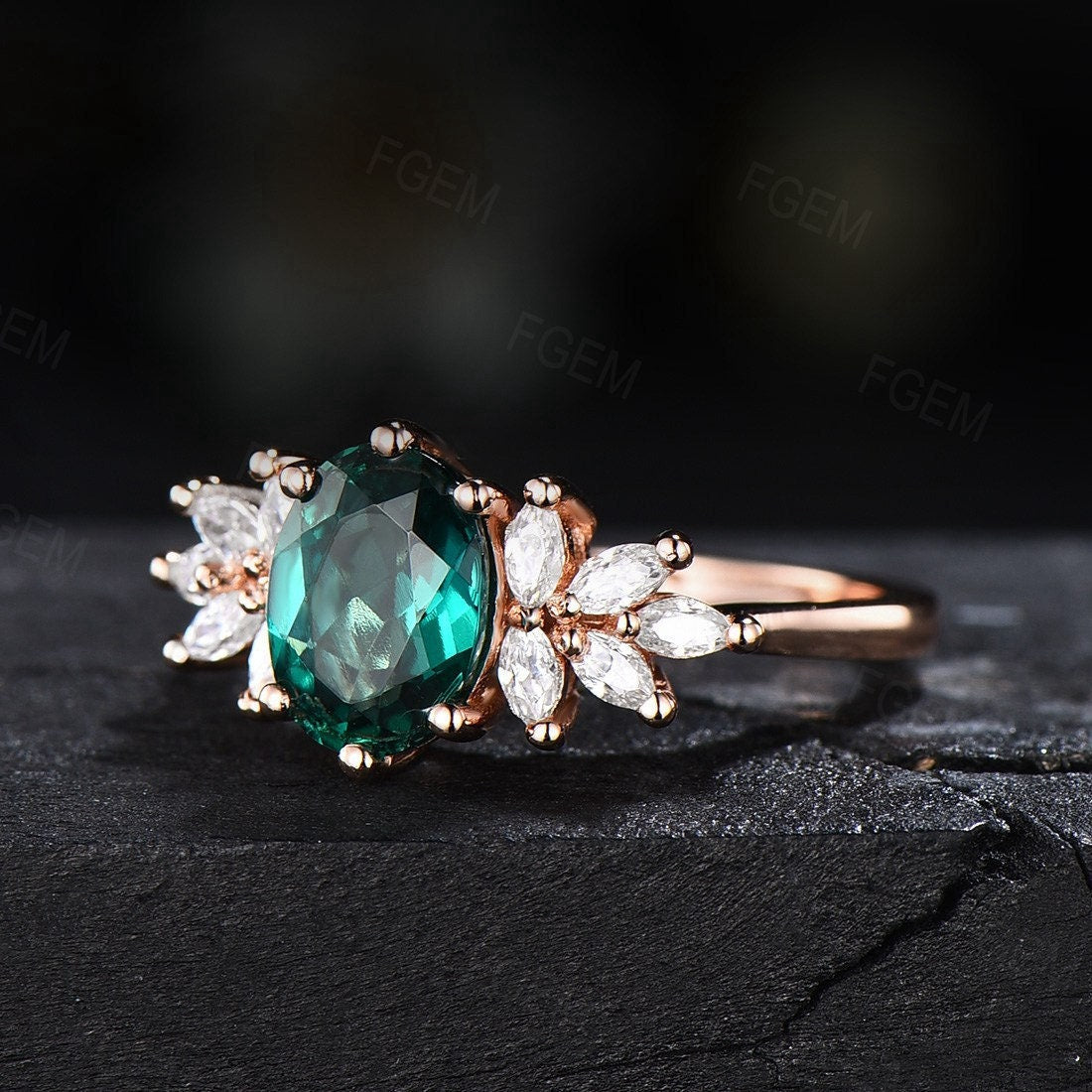 1.5ct Green Emerald Cluster Engagement Rings Sterling Silver Vintage May Birthstone Wedding Ring Marquise Leaf Ring Handmade Birthday Gifts