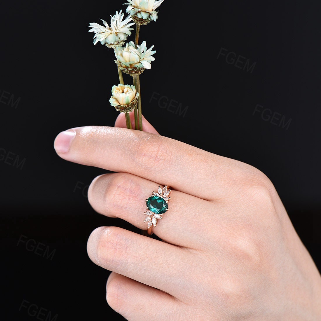 1.5ct Green Emerald Cluster Engagement Rings Sterling Silver Vintage May Birthstone Wedding Ring Marquise Leaf Ring Handmade Birthday Gifts