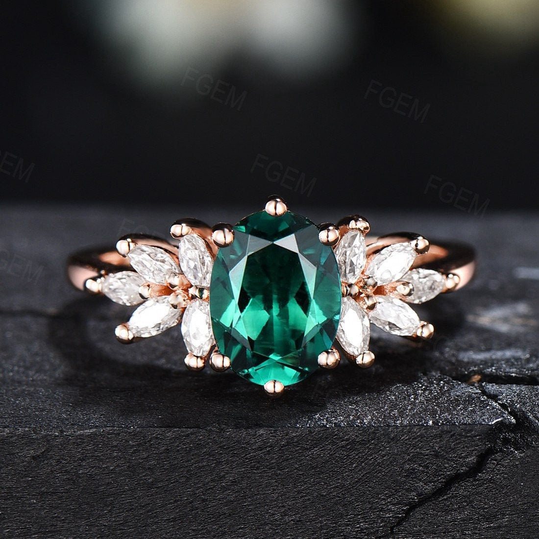 1.5ct Green Emerald Cluster Engagement Rings Sterling Silver Vintage May Birthstone Wedding Ring Marquise Leaf Ring Handmade Birthday Gifts