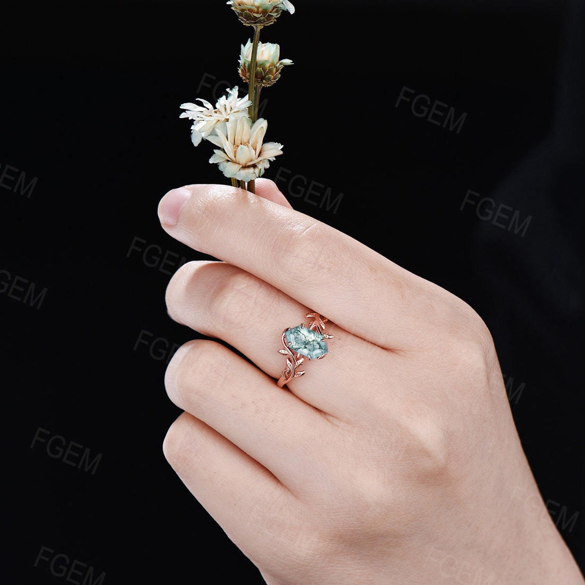 Hexagon Natural Moss Agate Ring Vintage Leaf Engagement Ring Inspired Leaf Solitaire Ring Green Gemstone Ring Unique Promise Ring for Women