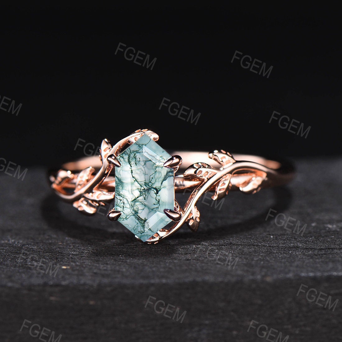 Hexagon Natural Moss Agate Ring Vintage Leaf Engagement Ring Inspired Leaf Solitaire Ring Green Gemstone Ring Unique Promise Ring for Women