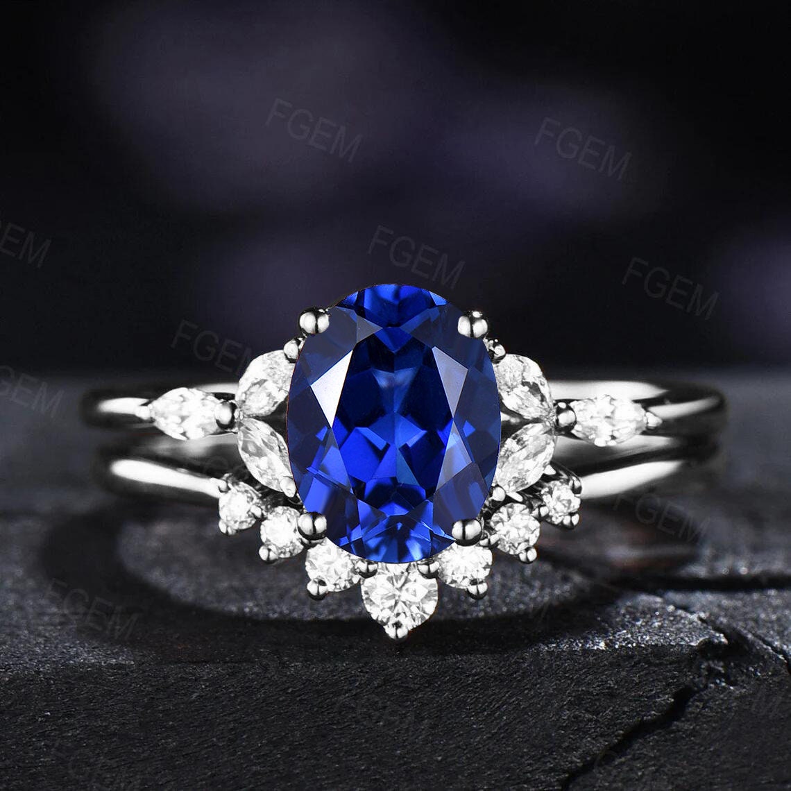 Sterling Silver Blue Sapphire Engagement Ring Set Vintage oval Sapphire Bridal Ring September Birthstone 1.5ct Gemstone Promise Ring Women