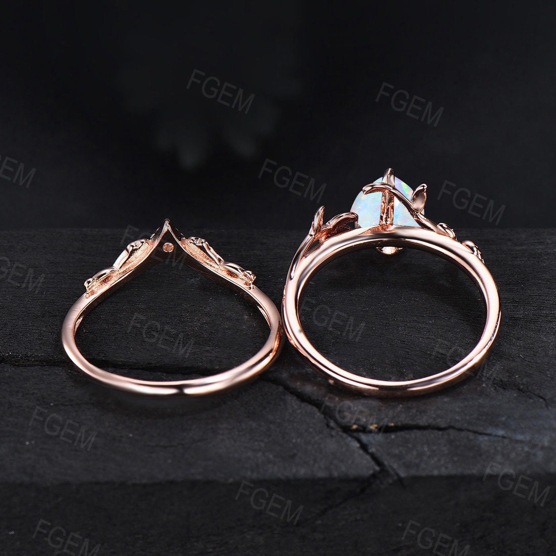 Nature Inspired White Opal Engagement Ring Set Vintage Coffin Shaped Fire Opal Cluster Amethyst Ring Unique Branch Leaf Wedding Ring Set