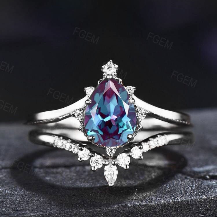 Alexandrite Engagement Ring Set Sterling Silver Vintage Pear Shaped Alexandrite Ring Set Curve Wedding Band Personalized Anniversary Gift