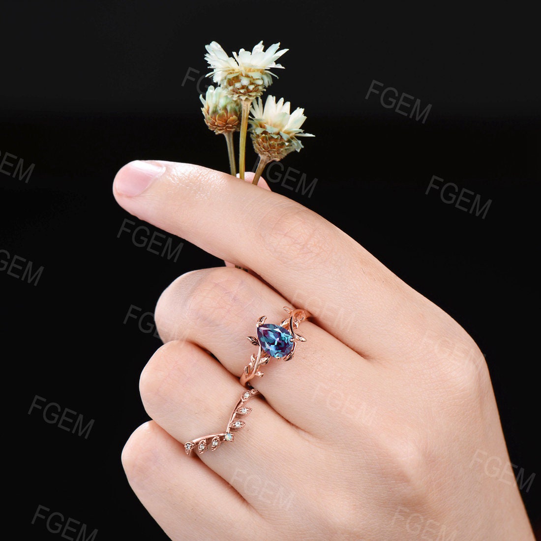 1.25ct Pear Shaped Alexandrite Leaf Engagement Rings Set 10K/14K/18K Rose Gold Nature Inspired Solitaire Rings Sets Leaves Opal Wedding Band