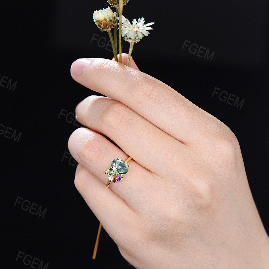 1.5ct Oval Cut Cluster Natural Green Moss Agate Engagement Rings Unique Multi Stone Cluster Birthstone Wedding Ring Personalized Family Ring