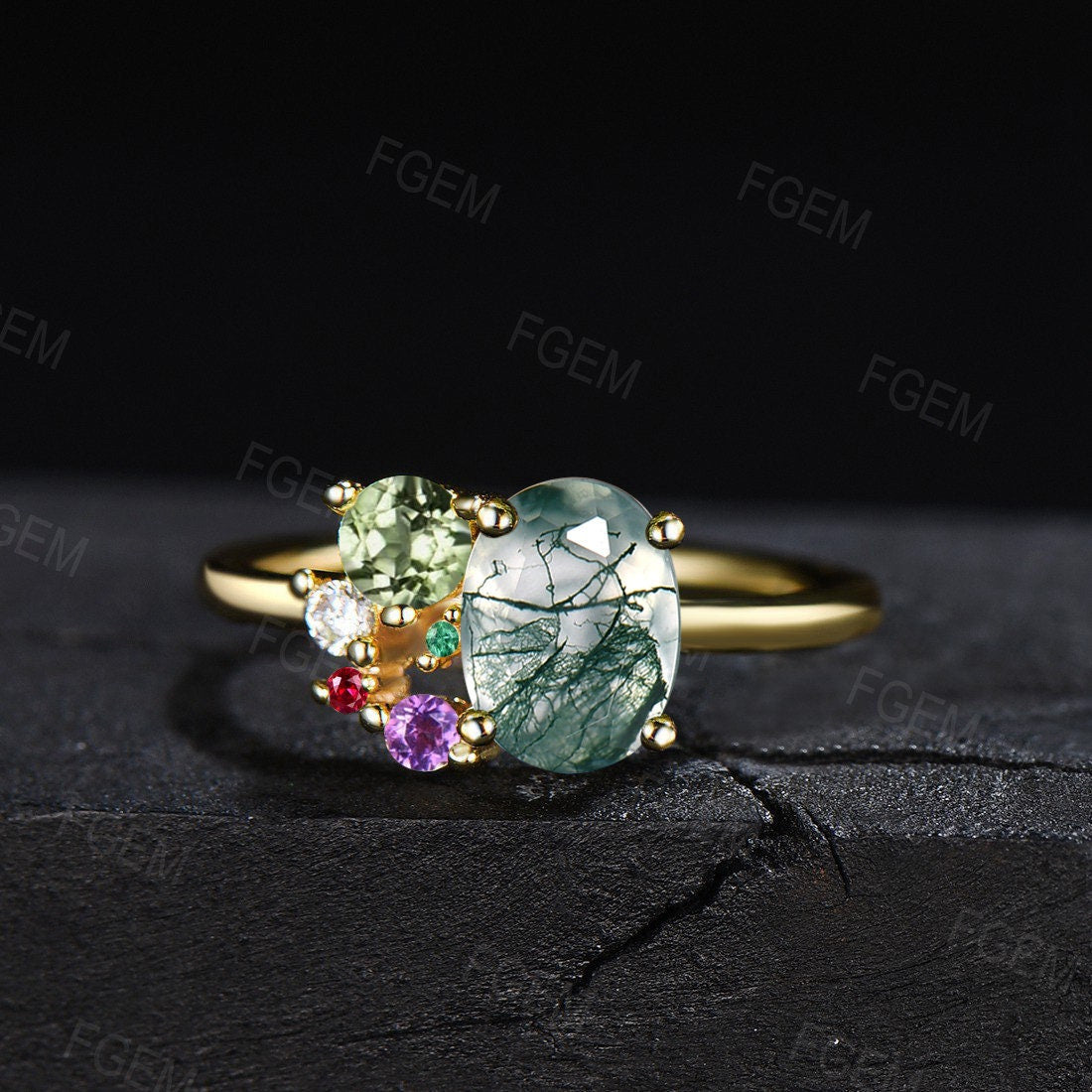 1.5ct Oval Cut Cluster Natural Green Moss Agate Engagement Rings Unique Multi Stone Cluster Birthstone Wedding Ring Personalized Family Ring