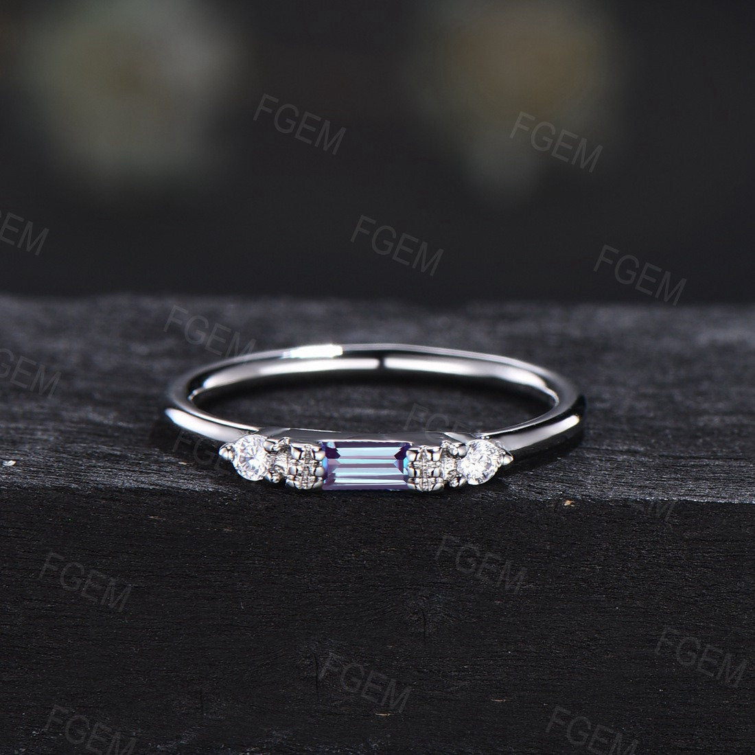 Sterling Silver Baguette Cut Color-Change Alexandrite Ring Minimalist Wedding Band June Birthstone Birthday Gifts for Women Dainty Jewelry