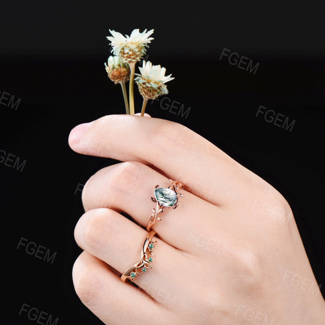1.25ct Pear Shaped Natural Moss Agate Bridal Set 10K/14K/18K Rose Gold Nature Inspired Emerald Engagement Rings Leaf Leaves Solitaire Ring