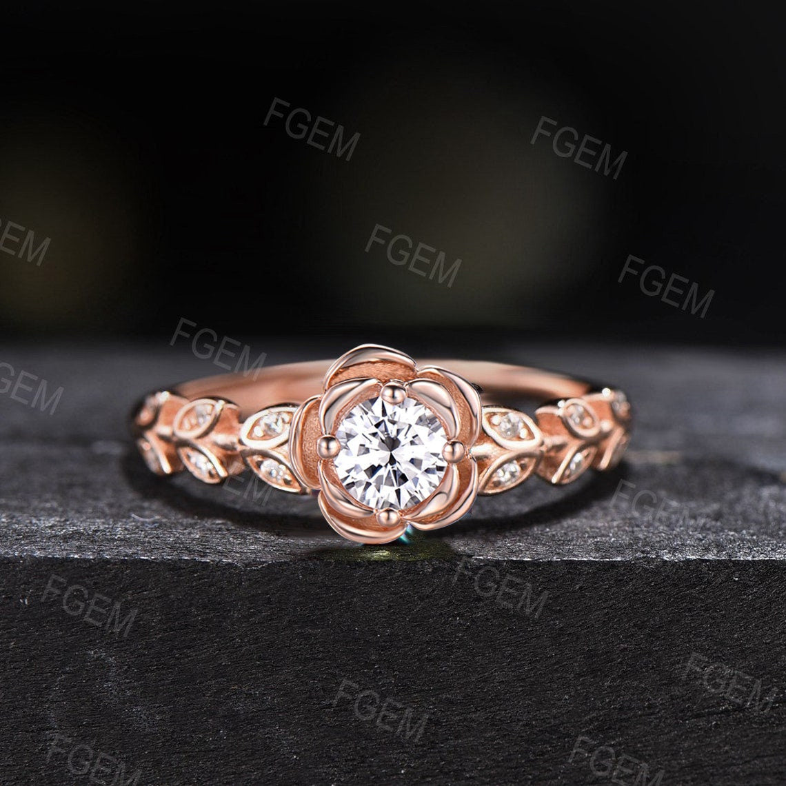 Rose Flower Moissanite Engagement Ring 10K/14K/18K Rose Gold Vintage Leaf Diamond Bridal Ring Unique Anniversary Gift Floral Wedding Ring