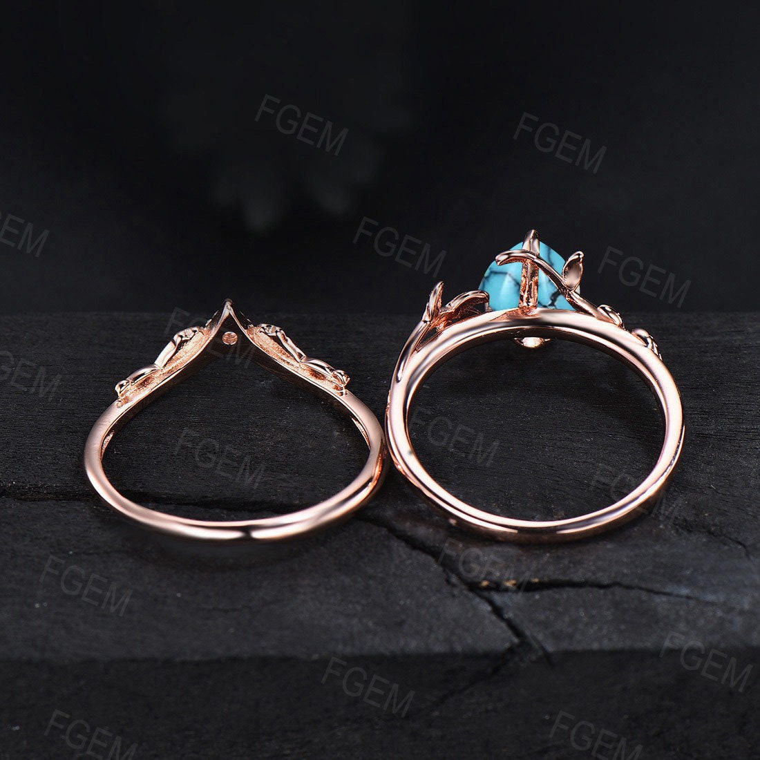 Natural Turquoise Leaf Engagement Rings Vintage Branch Style 1.25ct Pear Shaped Turquoise Bridal Set 14k Rose Gold Nature Inspired Jewelry