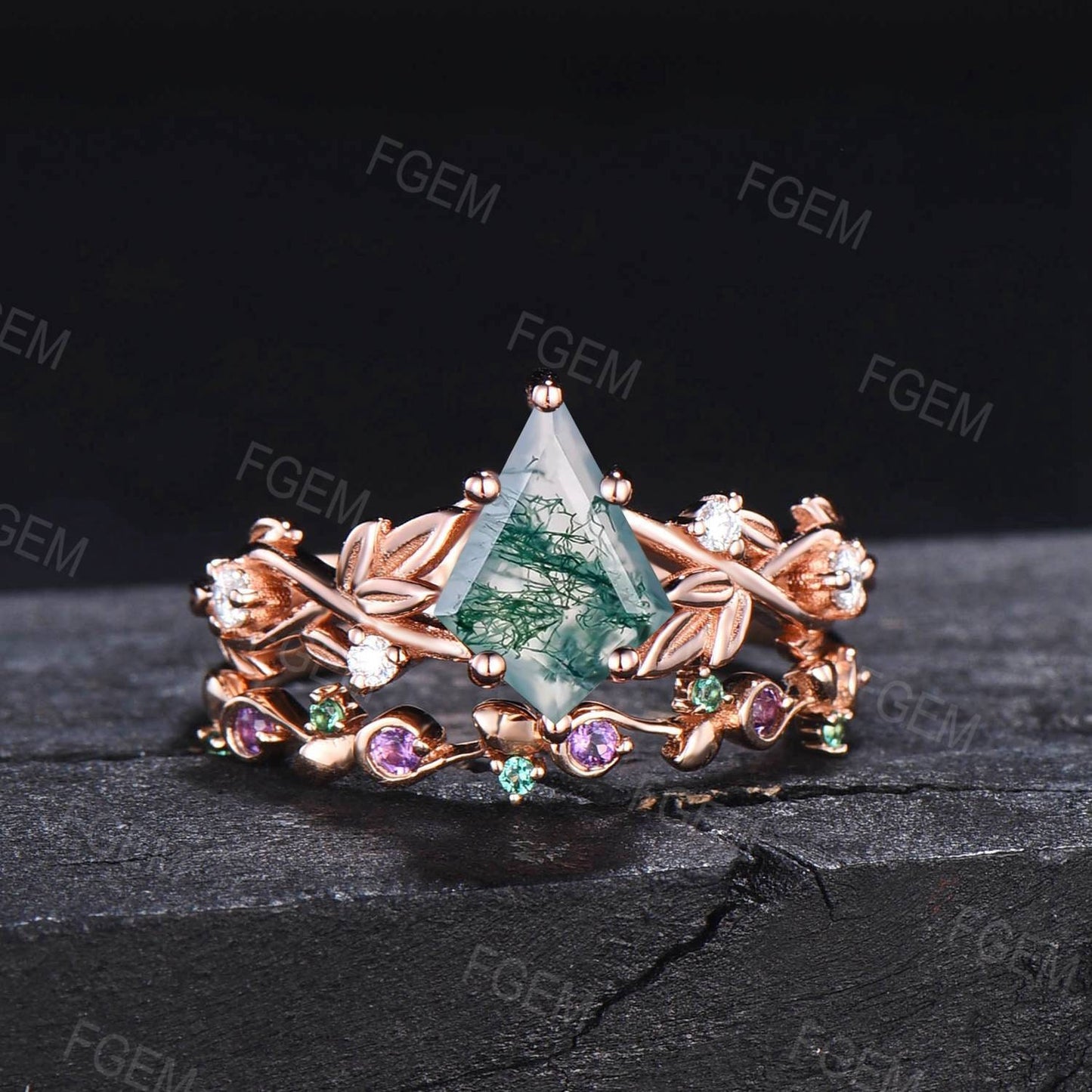 Kite Cut Natural Moss Agate Leaf Wedding Rings Set Vintage 10K/14K/18K Rose Gold Nature Inspired Engagement Ring Twig Branch Wedding Band