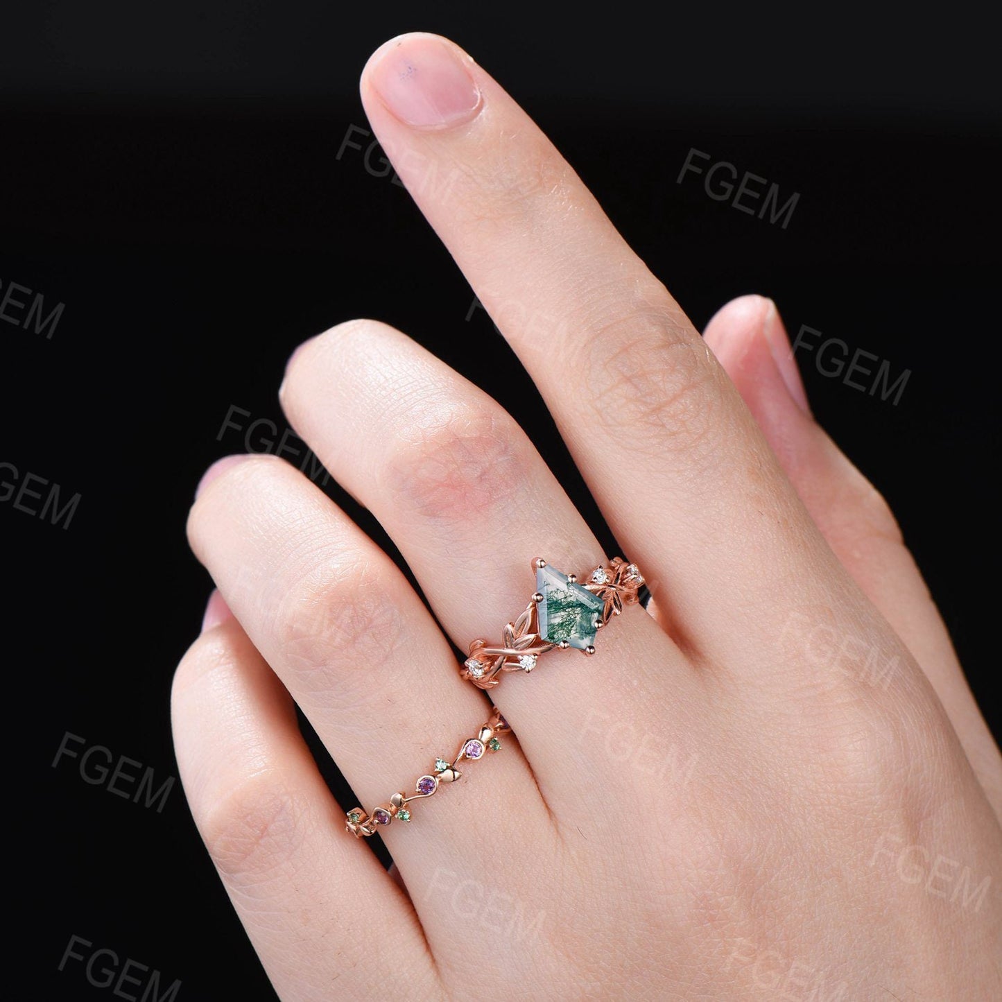 Kite Cut Natural Moss Agate Leaf Wedding Rings Set Vintage 10K/14K/18K Rose Gold Nature Inspired Engagement Ring Twig Branch Wedding Band