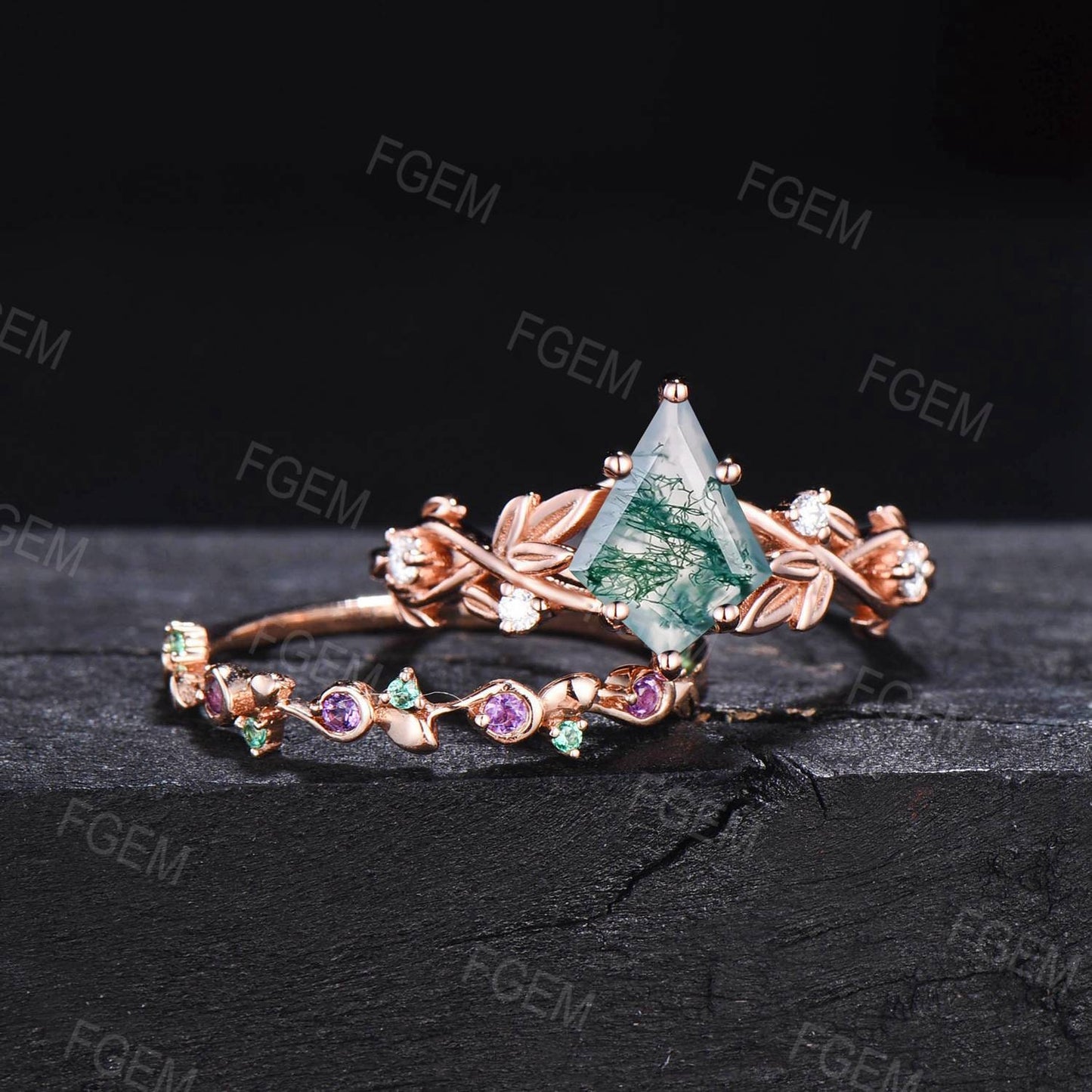 Kite Cut Natural Moss Agate Leaf Wedding Rings Set Vintage 10K/14K/18K Rose Gold Nature Inspired Engagement Ring Twig Branch Wedding Band