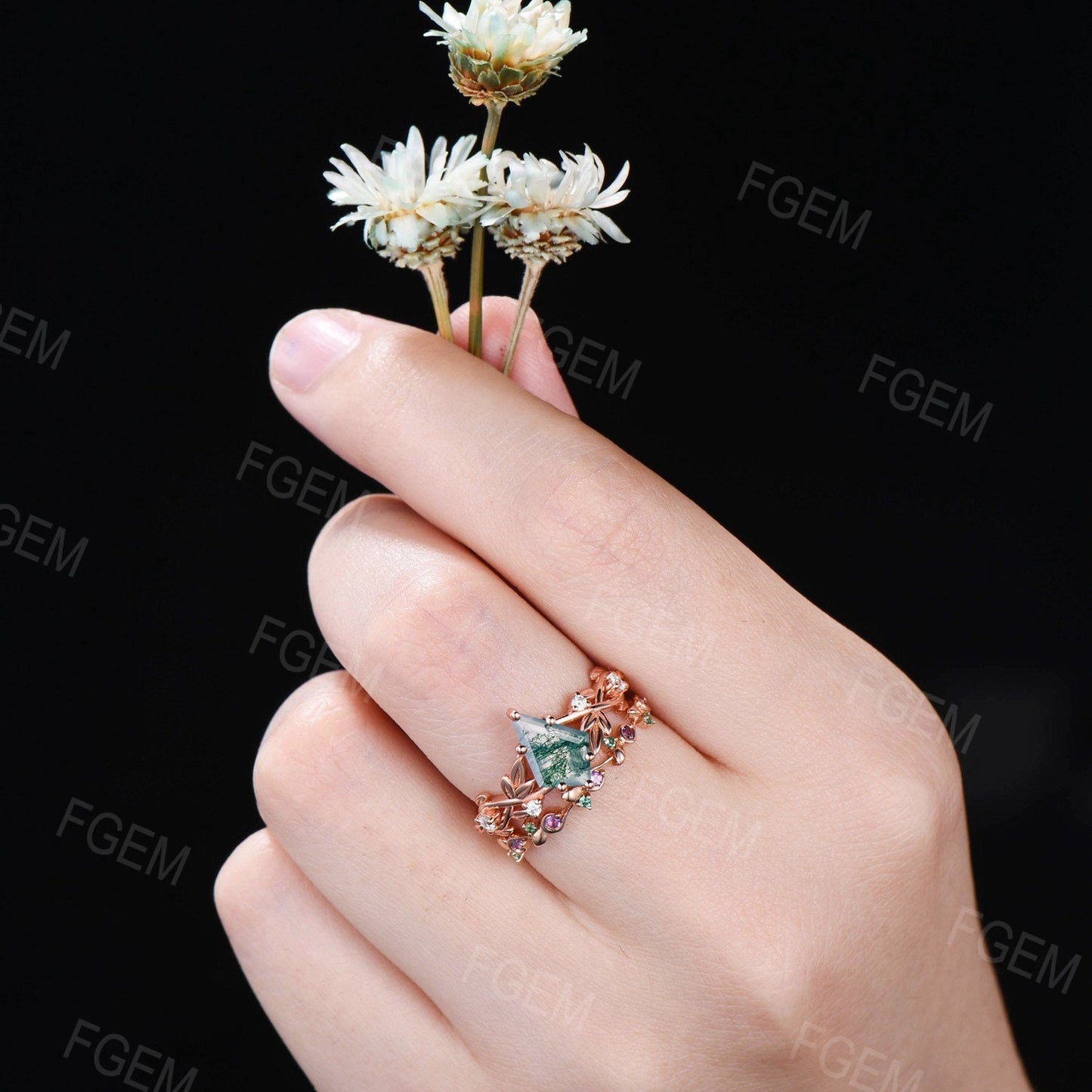 Kite Cut Natural Moss Agate Leaf Wedding Rings Set Vintage 10K/14K/18K Rose Gold Nature Inspired Engagement Ring Twig Branch Wedding Band