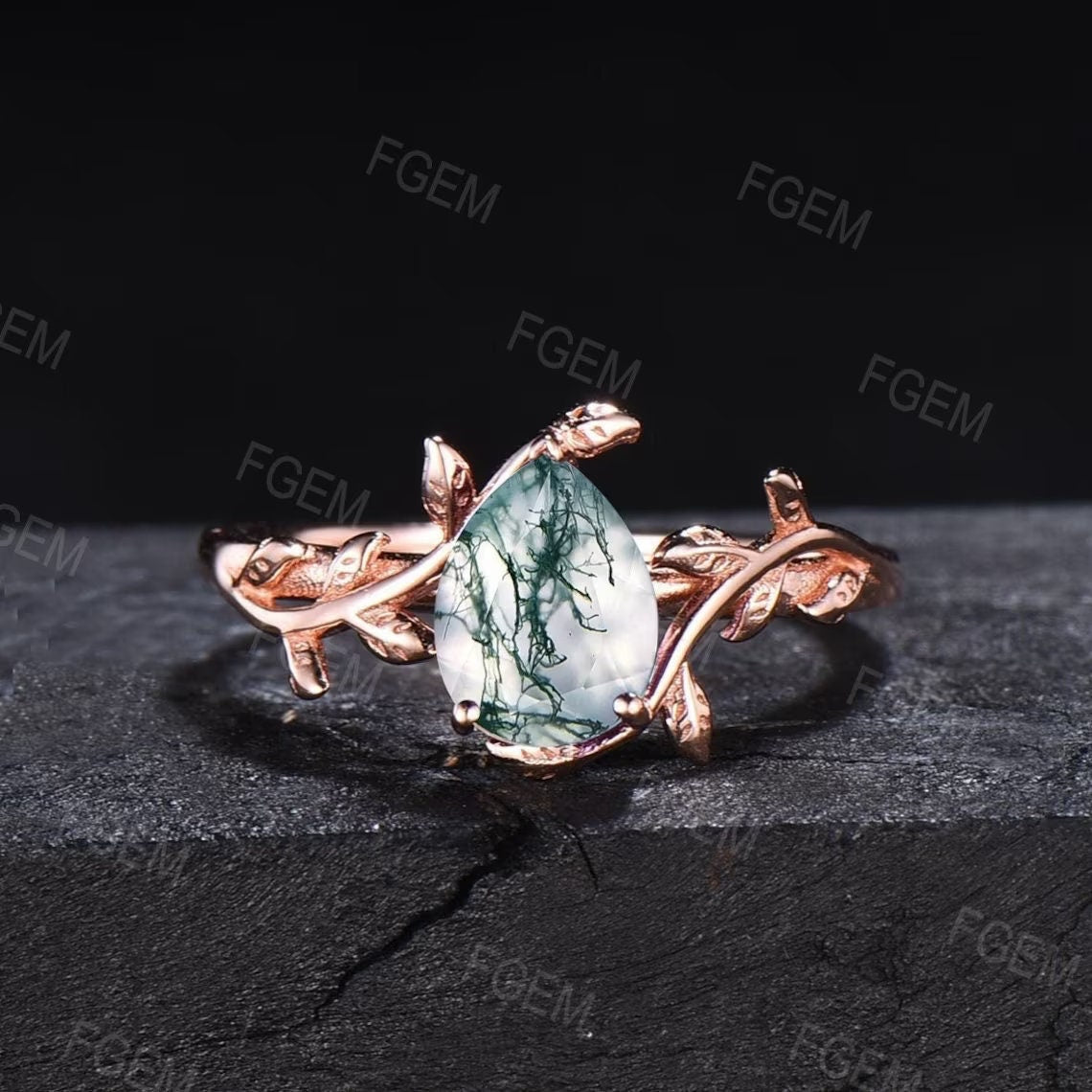 Pear Shape Natural Moss Agate Bridal Set Leaf Engagement Ring Rose Gold Vintage Unique Solitaire Rings Leaves Wedding Band Anniversary Gift