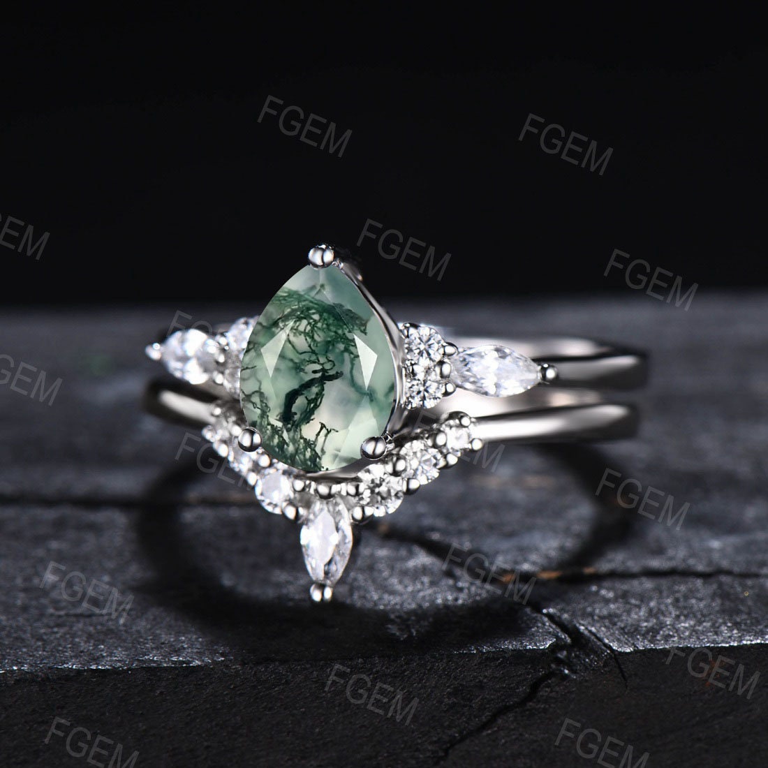Pear Shaped Engagement Ring Set Sterling Silver 1.25ct Natural Moss Agate Wedding Ring Promise Ring Healing Gemstone Jewelry Gift for Women