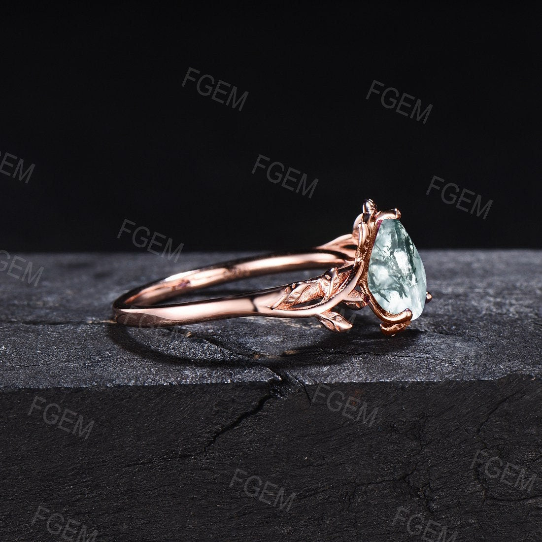 Pear Shaped Natural Moss Agate Engagement Rings Rose Gold Vintage Branch Design Solitaire Rings Unique Leaf Wedding Ring Anniversary Gifts